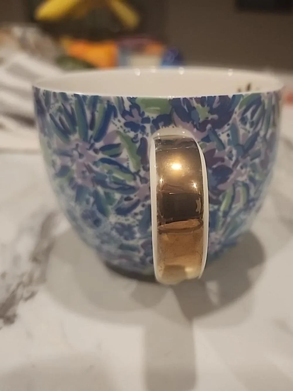 Lilly Pulitzer High Maintenance Blue Floral Ceramic Mug Gold Handle 12Oz